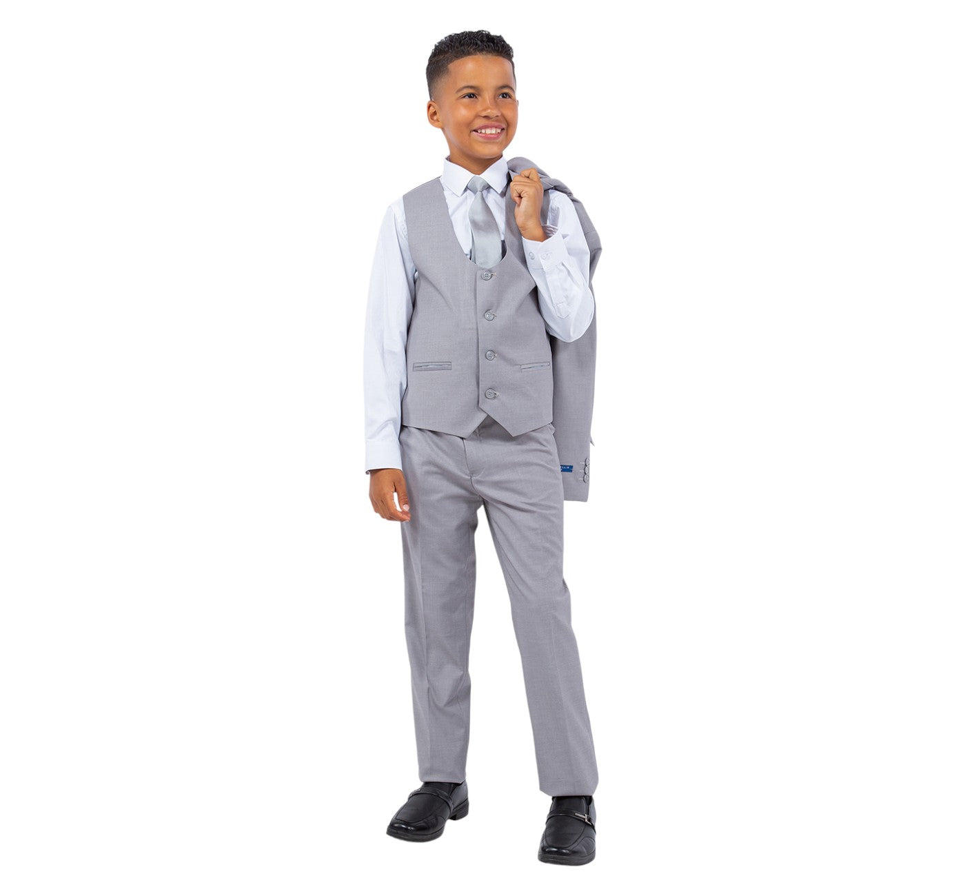 Boys Perry Ellis Solid Light Grey 5-Piece Suit (Slim Fit Stretch)