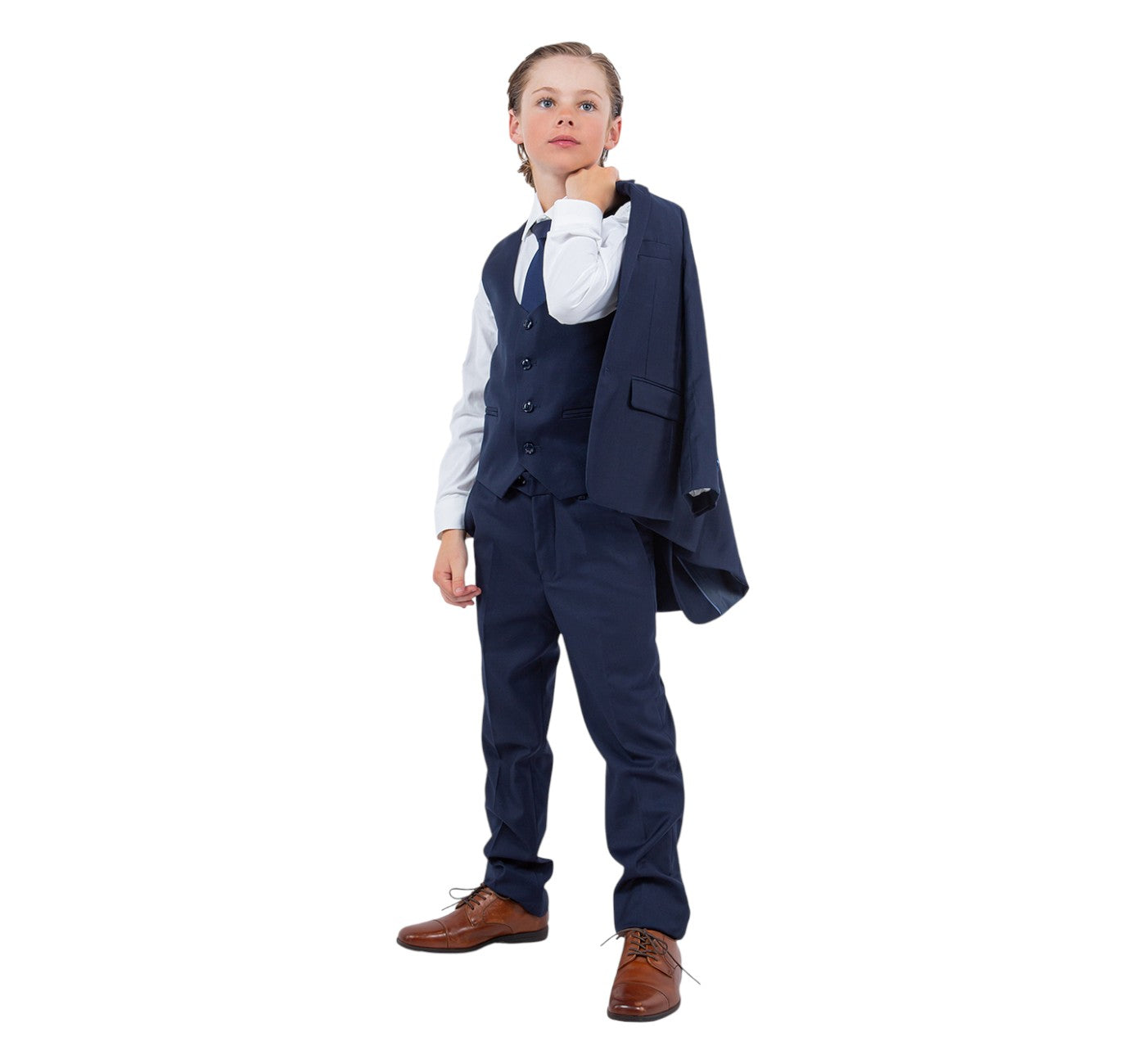 Boys Perry Ellis Solid Navy Blue 5-Piece Suit (Slim Fit Stretch)