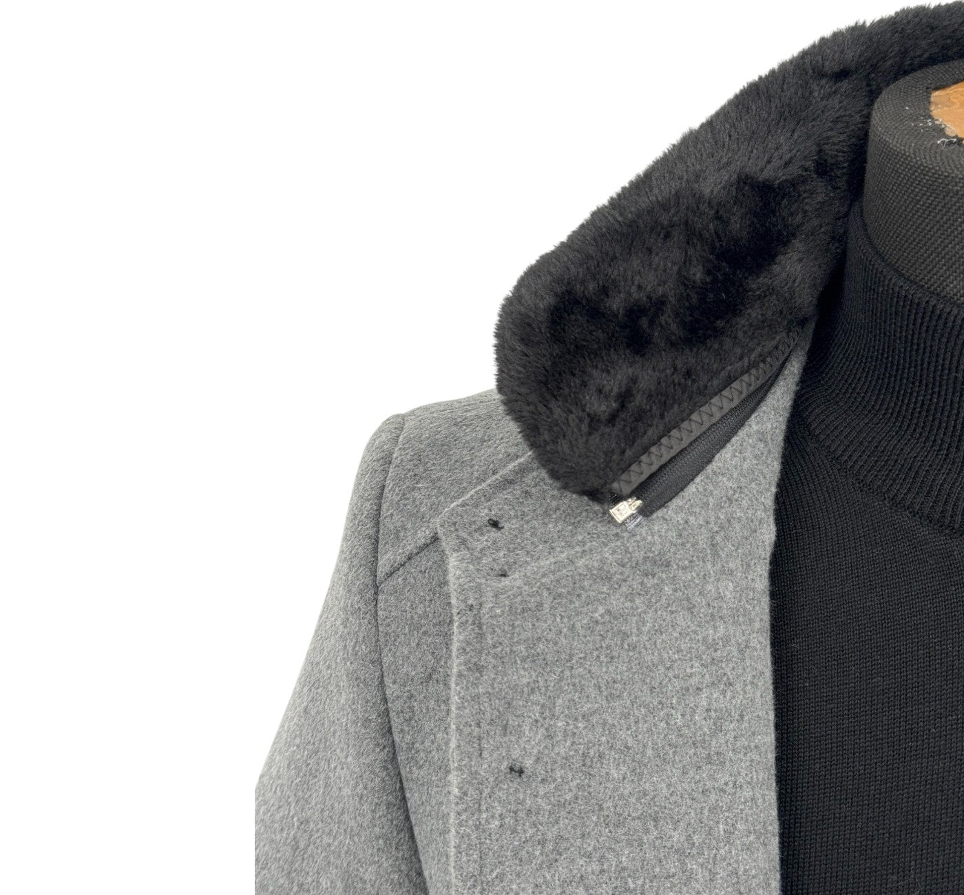 Men’s Light Charcoal Gray Pea Coat | Cashmere Blend Fur Hood