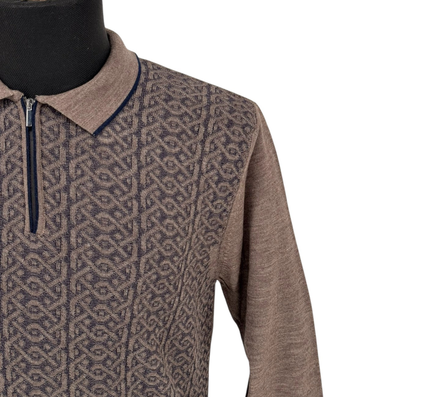 Men’s Polo Brown Blue Collared Wool Shirt Zip Up Long Sleeve Rafanelli