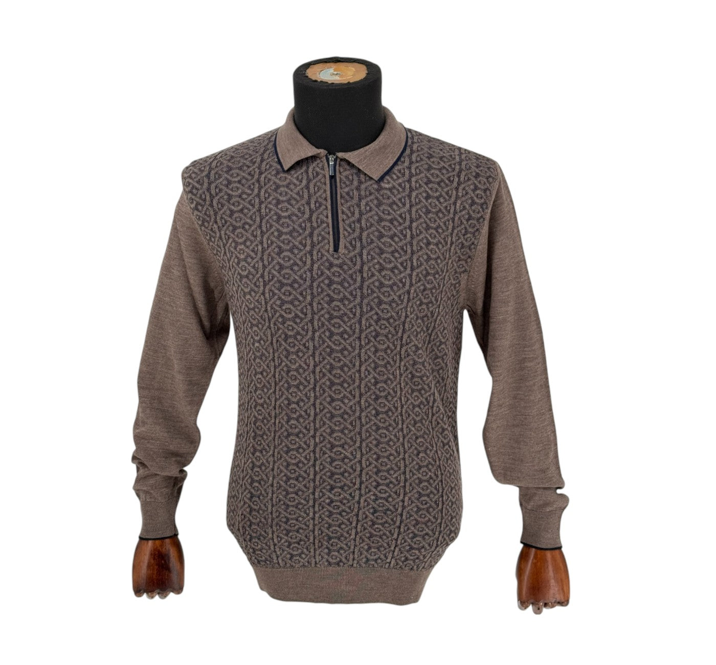 Men’s Polo Brown Blue Collared Wool Shirt Zip Up Long Sleeve Rafanelli