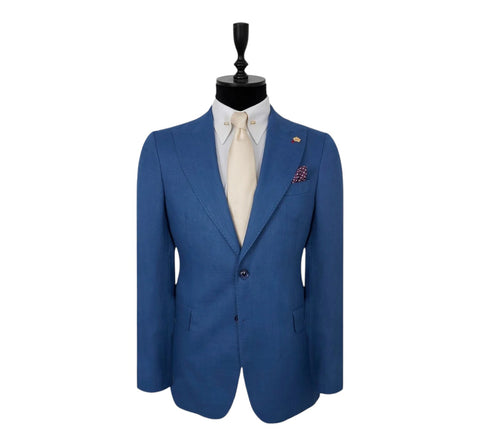 Men's Two Button Peak Lapel Solid Blue Efendi 1881 Sport Jacket (Slim Fit/Linen & Cotton Blend)