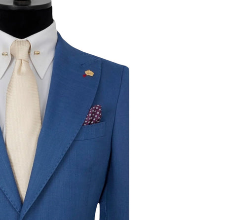 Men's Two Button Peak Lapel Solid Blue Efendi 1881 Sport Jacket (Slim Fit/Linen & Cotton Blend)