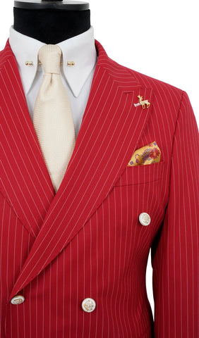 Men's Red Pinstripe Peak Lapel Efendi 1881 2-Piece Double Breasted Suit (Virgin Wool/Slim Fit)