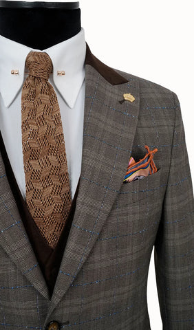 Men's Efendi Wide Peak Lapel Beige-Brown Checked Suit (Virgin Wool/Slim Fit)