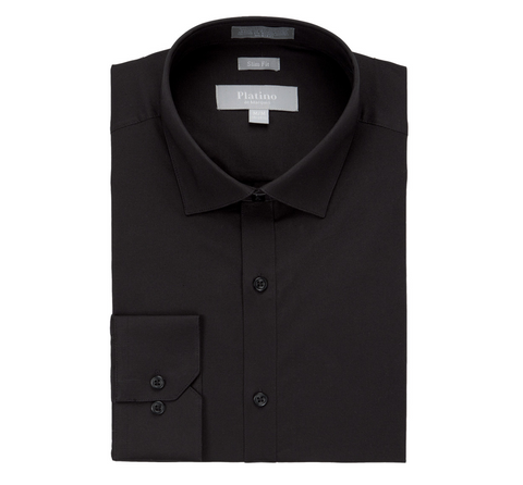 Men's Platino De Marquis Solid Stretch Black Dress Shirt (Spandex Blend/Slim Fit)