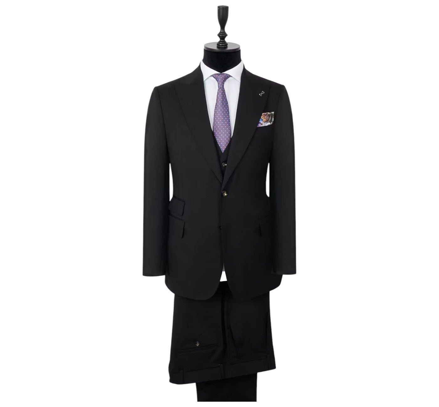 Men’s Black Peak Lapel 3 Piece Suit | Slim Fit Virgin Wool