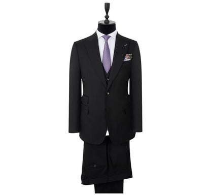 Men’s Black Peak Lapel 3 Piece Suit | Slim Fit Virgin Wool