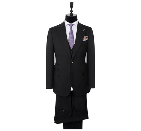 Men’s Black Peak Lapel 3 Piece Suit | Slim Fit Virgin Wool