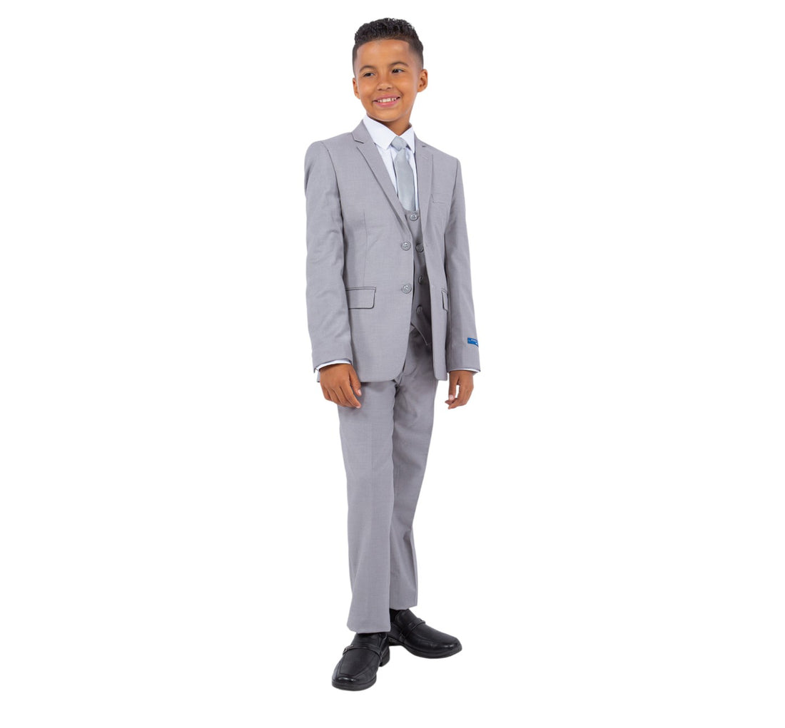 Boys Perry Ellis Solid Light Grey 5-Piece Suit (Slim Fit Stretch)