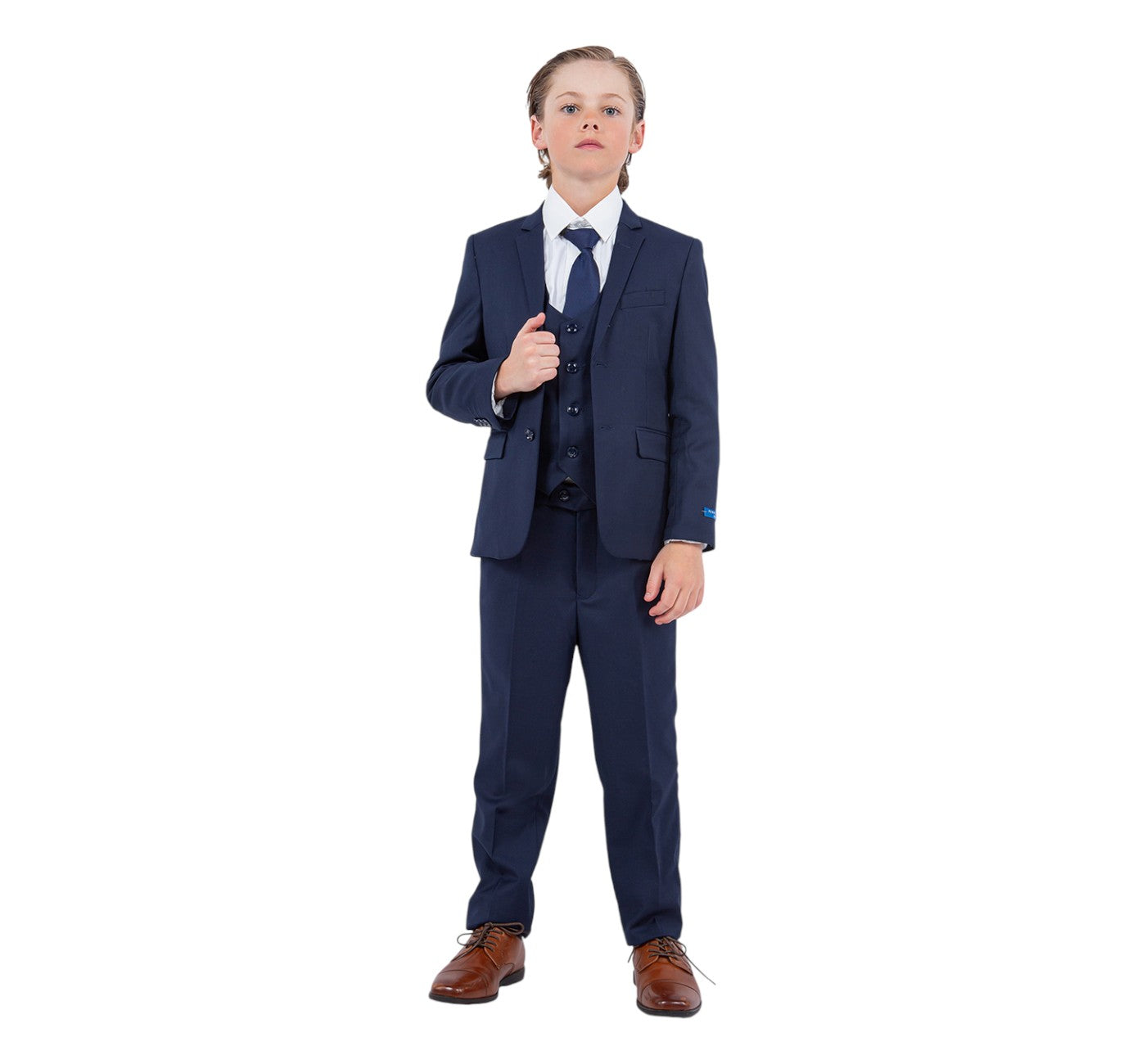 Boys Perry Ellis Solid Navy Blue 5-Piece Suit (Slim Fit Stretch)