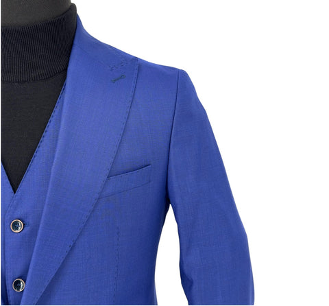 Men's Solid Royal Blue One-Button Peak Lapel Efendi 1881 3 Piece Suit (Virgin Wool/Slim Fit)