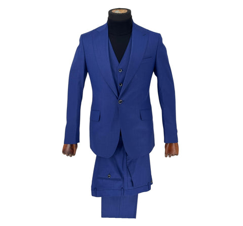 Men's Solid Royal Blue One-Button Peak Lapel Efendi 1881 3 Piece Suit (Virgin Wool/Slim Fit)