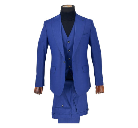 Men's Solid Royal Blue One-Button Peak Lapel Efendi 1881 3 Piece Suit (Virgin Wool/Slim Fit)