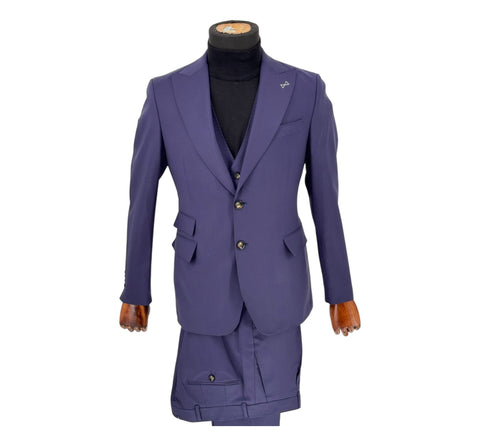 Men's Solid Purple Two-Button Peak Lapel Efendi 1881 3 Piece Suit (Virgin Wool/Slim Fit)