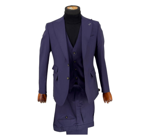 Men's Solid Purple Two-Button Peak Lapel Efendi 1881 3 Piece Suit (Virgin Wool/Slim Fit)