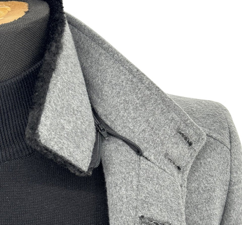 Men's Light Charcoal Gray Cashmere Blend Zip Fur Hood Pea Coat