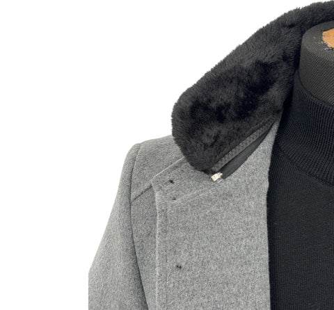 Men's Light Charcoal Gray Cashmere Blend Zip Fur Hood Pea Coat