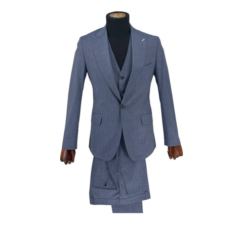 Men's Solid Light Blue One-Button Peak Lapel Efendi 1881 3 Piece Suit (Virgin Wool/Slim Fit)