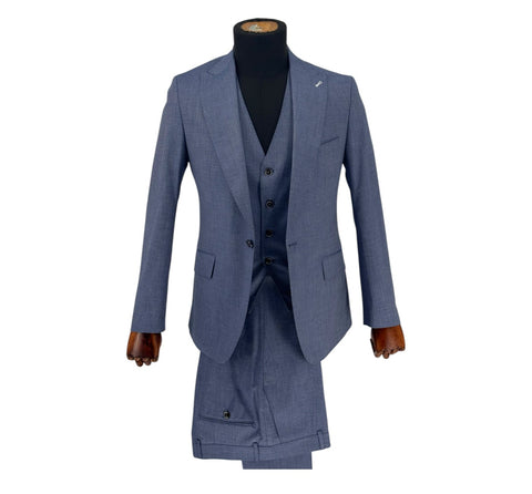 Men's Solid Light Blue One-Button Peak Lapel Efendi 1881 3 Piece Suit (Virgin Wool/Slim Fit)