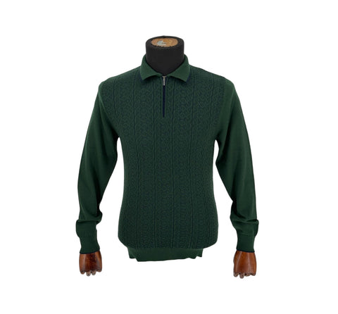 Rafanelli Men's Polo Green/Blue Collared Zip Up Long Sleeve Shirt (Wool/Modern Fit)