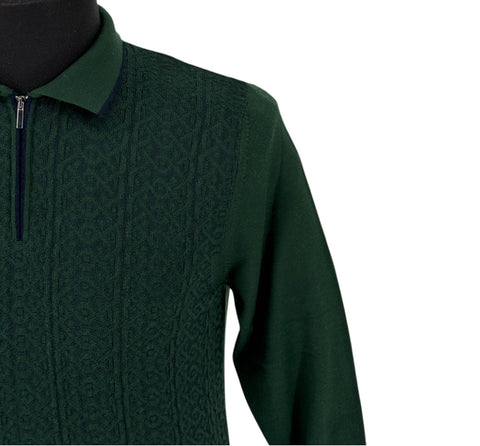 Rafanelli Men's Polo Green/Blue Collared Zip Up Long Sleeve Shirt (Wool/Modern Fit)