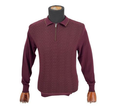 Rafanelli Men's Polo Burgundy/Blue Collared Zip Up Long Sleeve Shirt (Wool/Modern Fit)