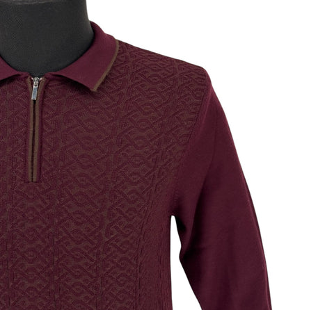 Rafanelli Men's Polo Burgundy/Blue Collared Zip Up Long Sleeve Shirt (Wool/Modern Fit)