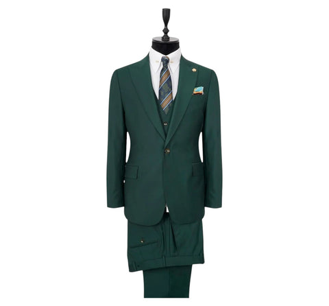 Men's Solid Green One-Button Peak Lapel Efendi 1881 3 Piece Suit (Virgin Wool/Slim Fit)