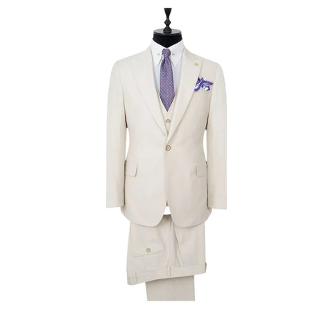 Men's Solid Cream One-Button Peak Lapel Efendi 1881 3 Piece Suit (Virgin Wool/Slim Fit)