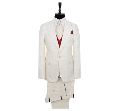 Men's Efendi Wide Peak Lapel White-Gray Checked Suit (Virgin Wool/Slim Fit)