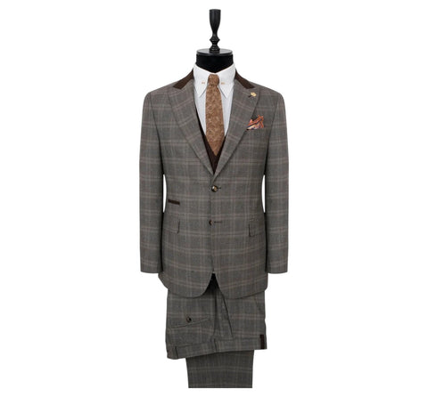 Men's Efendi Wide Peak Lapel Beige-Brown Checked Suit (Virgin Wool/Slim Fit)