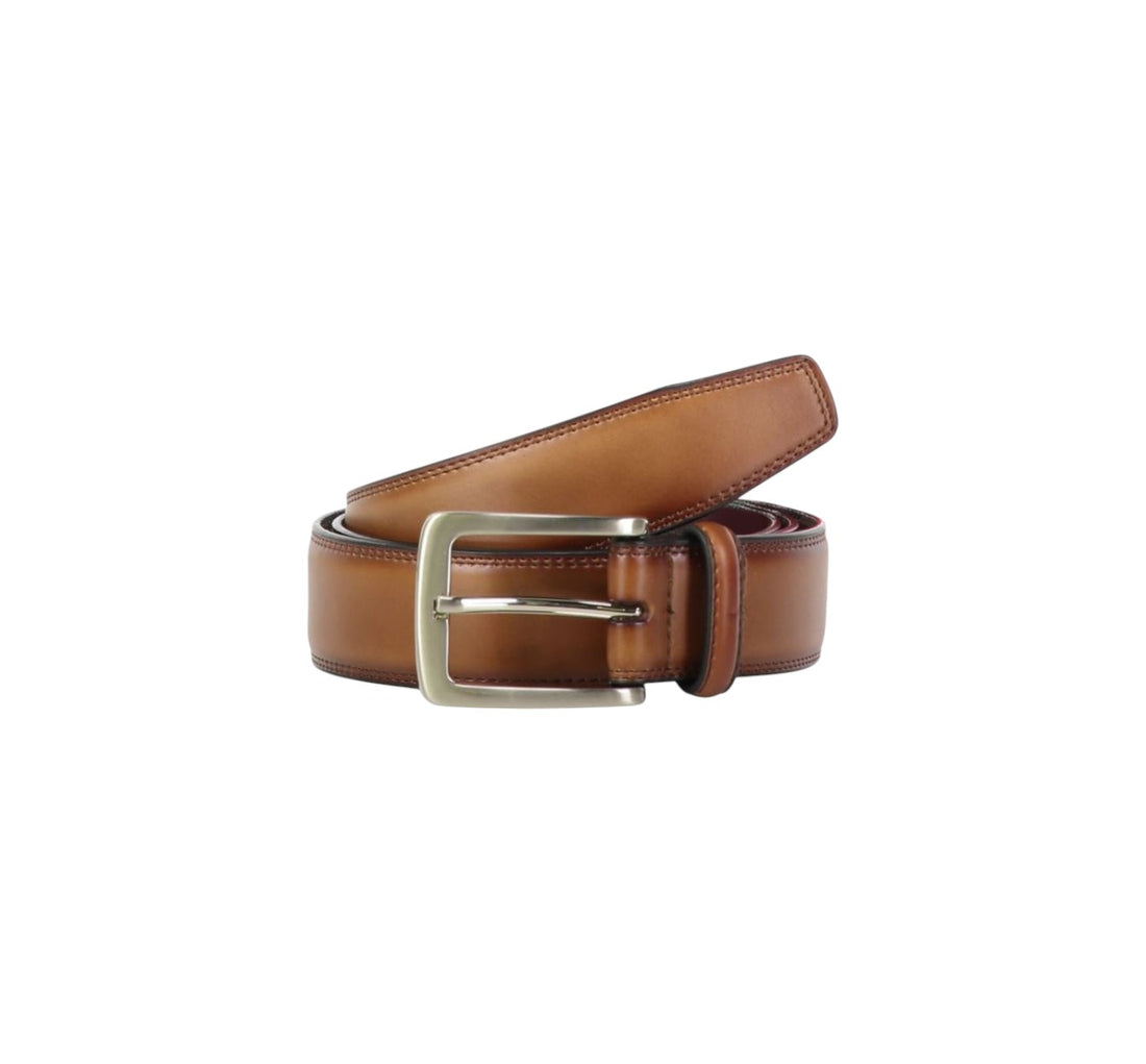 Cognac Stitched Leather Belt for Men by Valentini