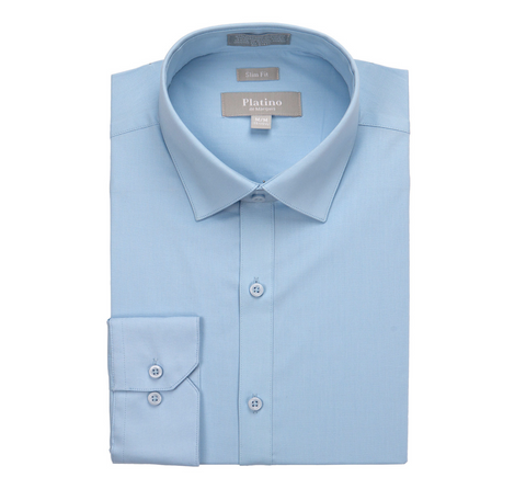 Men's Platino De Marquis Solid Stretch Light Blue Dress Shirt (Spandex Blend/Slim Fit)