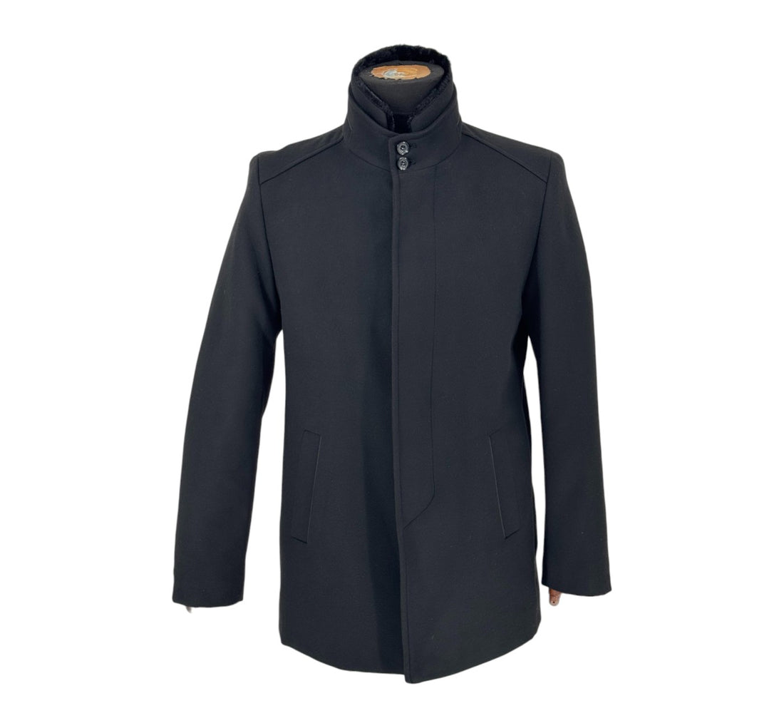 Men’s Cashmere Blend Pea Coat with Fur Hood Zip