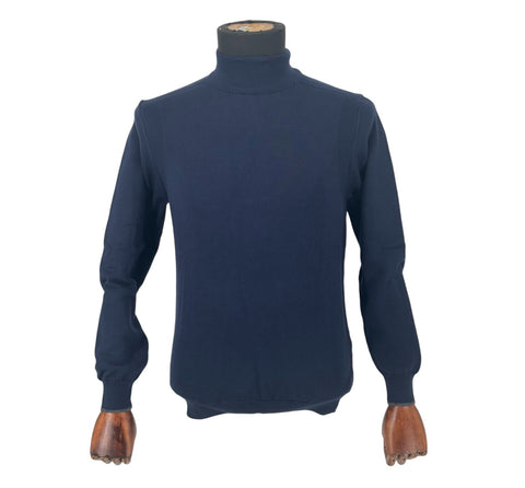 Men's Dark Blue Cotton Blend Mockneck Sweater Shirt