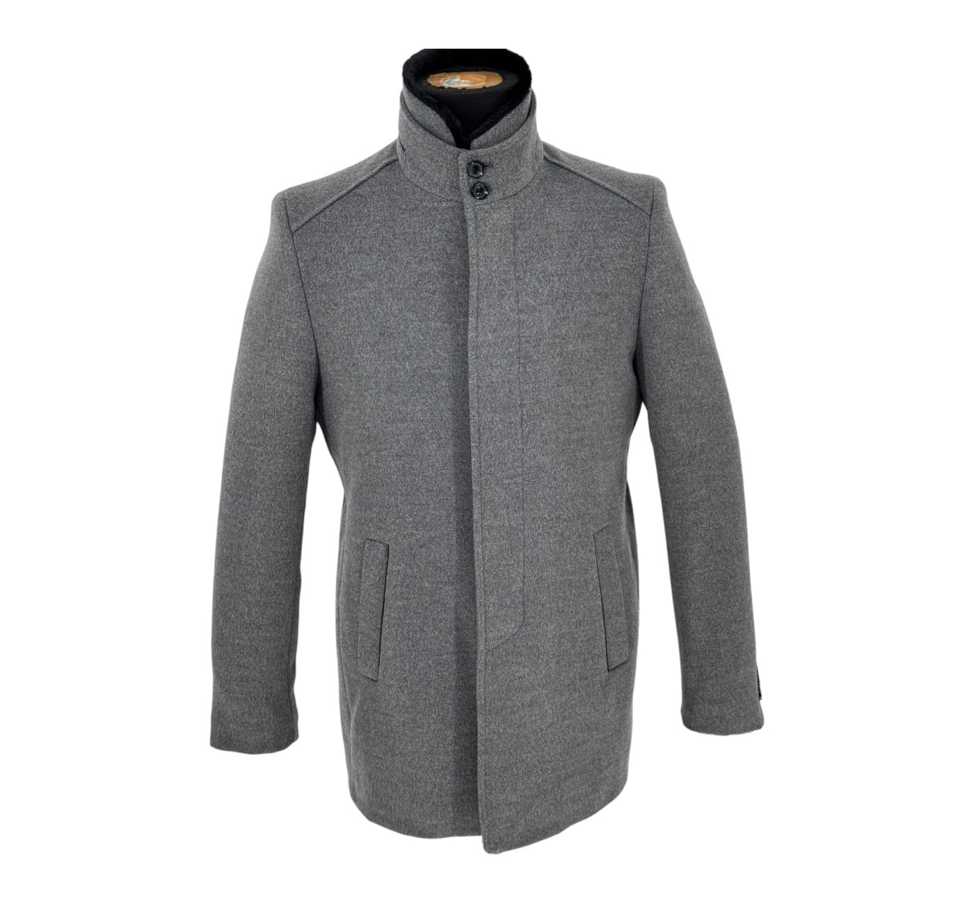 Men’s Light Charcoal Gray Pea Coat | Cashmere Blend Fur Hood