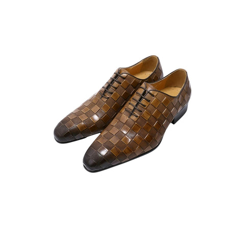 Men's Brown Square Pattern Daniel Wafer Laced Dress Shoes