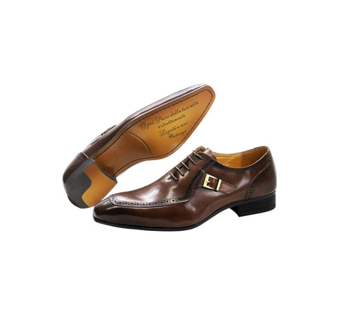 Men's Brown Buckle Strap Daniel Wafer Laced Dress Shoes