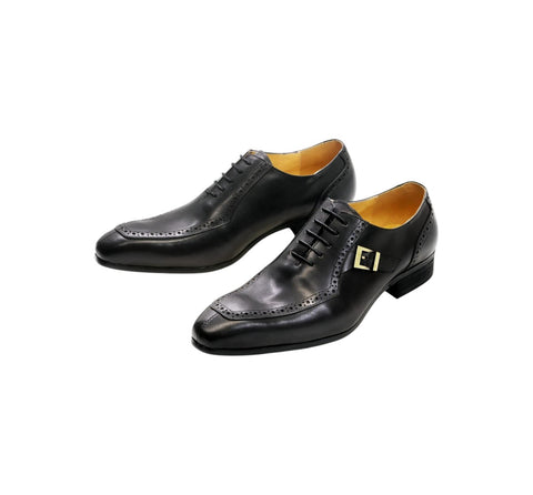 Men's Black Buckle Strap Daniel Wafer Laced Dress Shoes