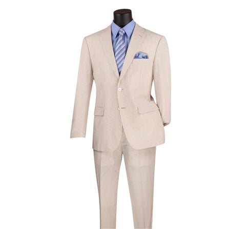 Vinci Men's 2 Piece Modern Fit Seersucker Tan Suit - Adjustable Waistband