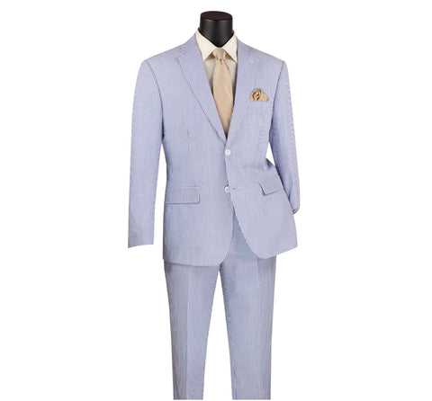 Vinci Men's 2 Piece Modern Fit Seersucker Blue Suit - Adjustable Waistband