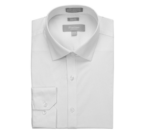 Men's Platino De Marquis Solid Stretch White Dress Shirt (Spandex Blend/Slim Fit)