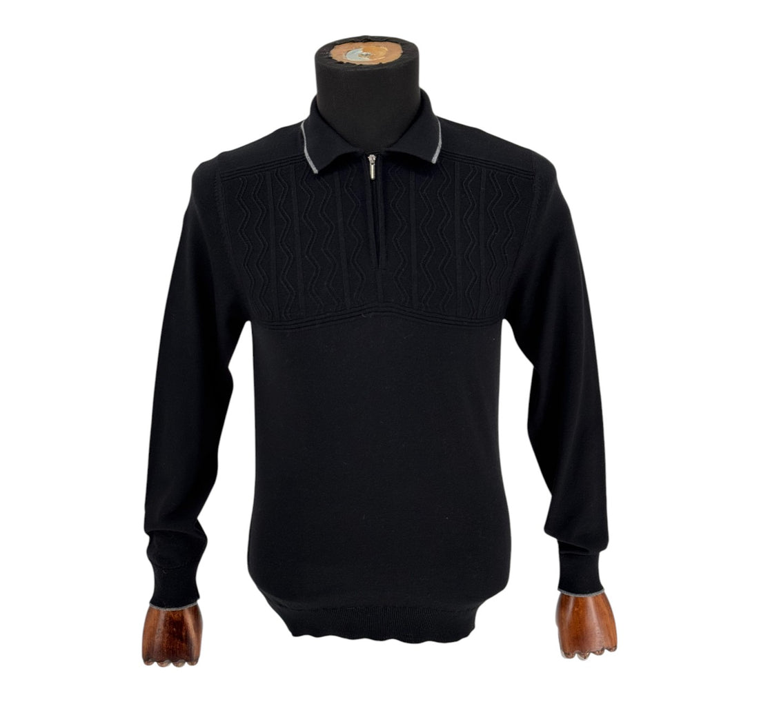 Men’s Black Polo Shirt Long Sleeve Zip Up Wool Modern Fit Rafanelli