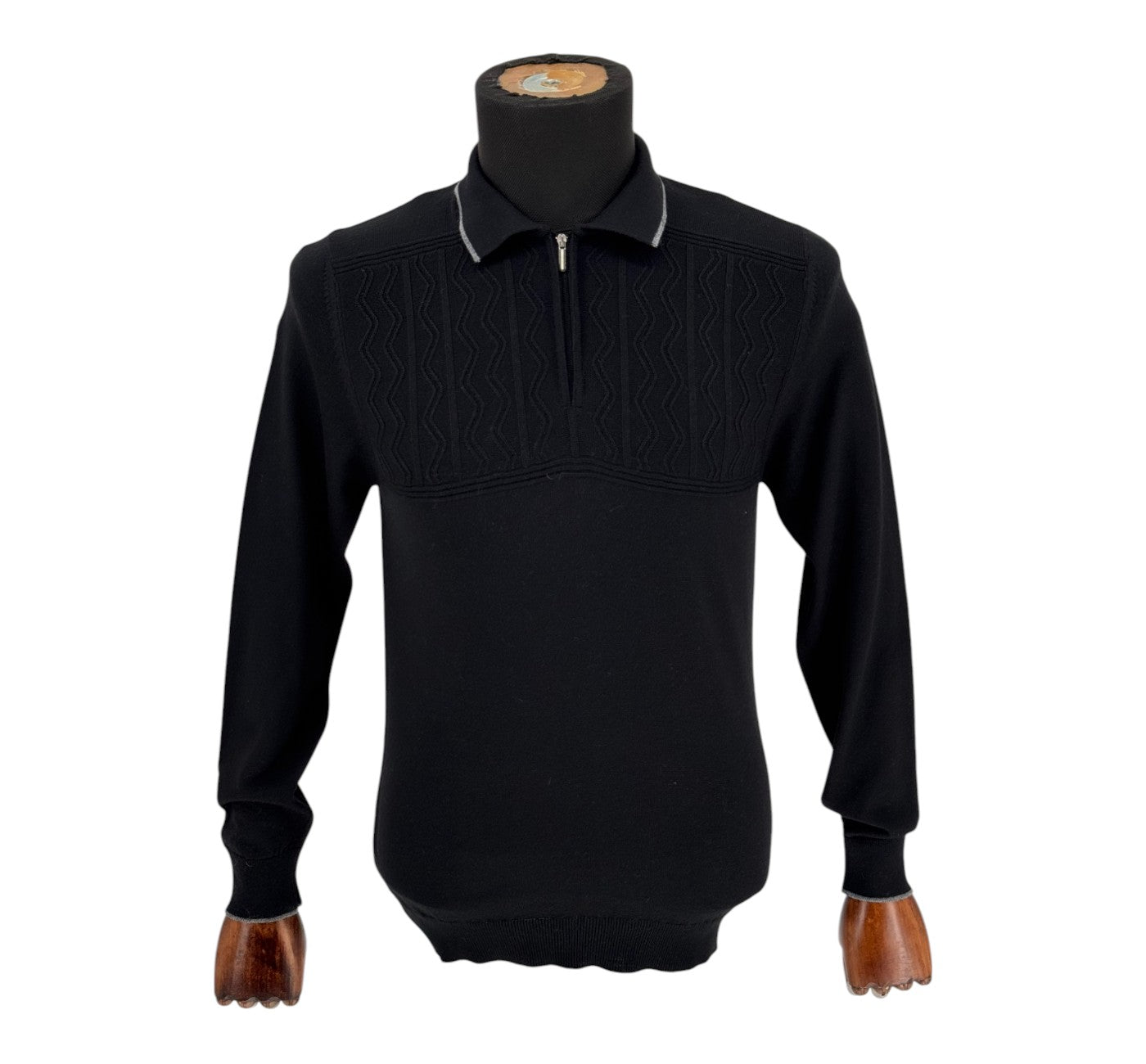Men’s Black Polo Shirt Long Sleeve Zip Up Wool Modern Fit Rafanelli