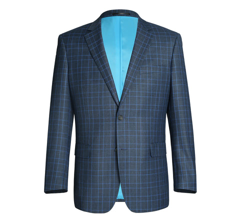 Men's Blue 2 Piece Classic Fit Windowpane Check Dress Renoir Suit