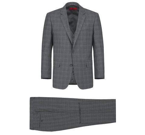 Men's Gray 3-Piece Classic Fit Single Breasted Windowpane Renoir Suit