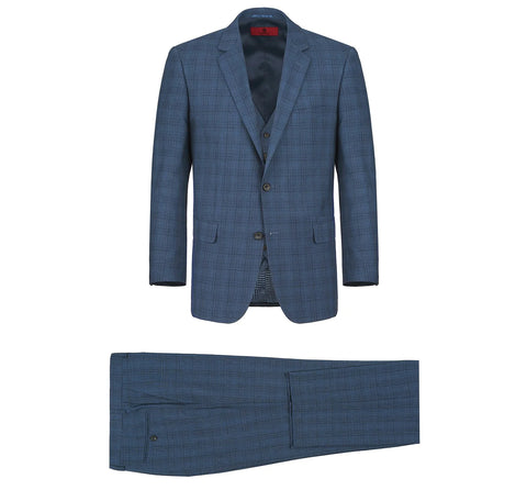 Men's Blue 3-Piece Classic Fit Single Breasted Windowpane Renoir Suit