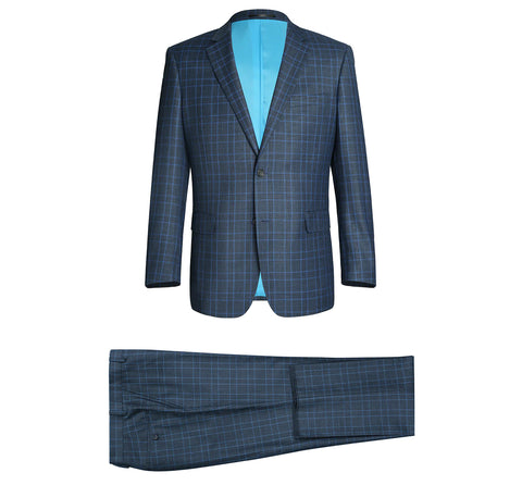 Men's Blue 2 Piece Classic Fit Windowpane Check Dress Renoir Suit