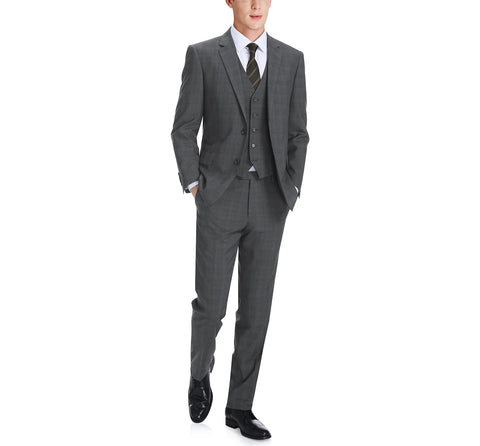 Men's Gray 3-Piece Classic Fit Single Breasted Windowpane Renoir Suit